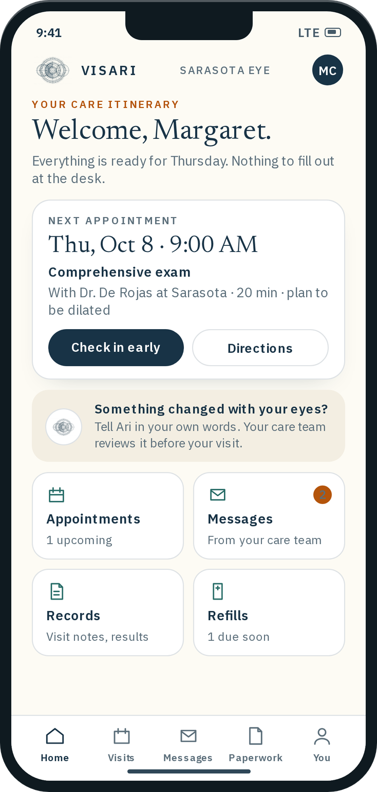 The Visari patient portal on a phone: Welcome, Margaret; her next appointment with a check-in button; a prompt to tell Ari in her own words if something changed with her eyes; and tiles for appointments, messages, records and refills.